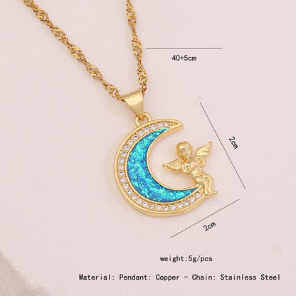 Faux Opal Moon & Star Pendant Necklace