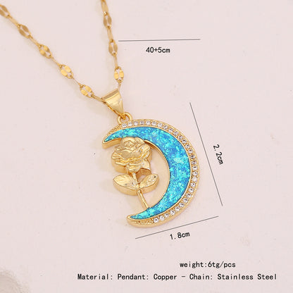 Faux Opal Moon & Star Pendant Necklace