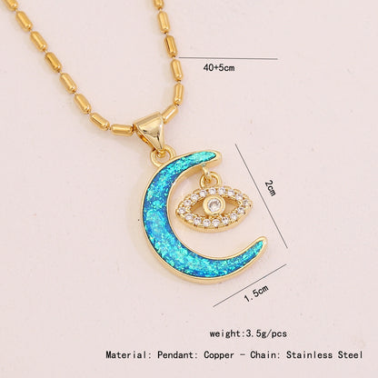 Faux Opal Moon & Star Pendant Necklace