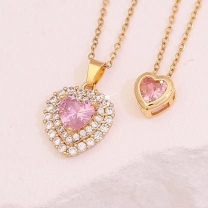 Pink Heart & Flower Zircon Pendant Necklace