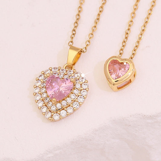 Pink Heart & Flower Zircon Pendant Necklace