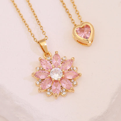 Pink Heart & Flower Zircon Pendant Necklace