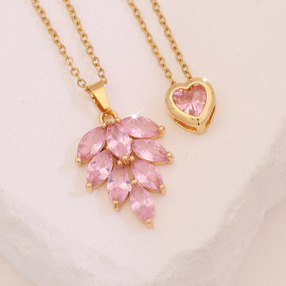 Pink Heart & Flower Zircon Pendant Necklace
