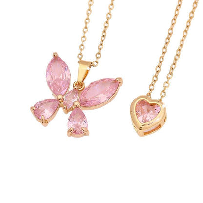 Pink Heart & Flower Zircon Pendant Necklace