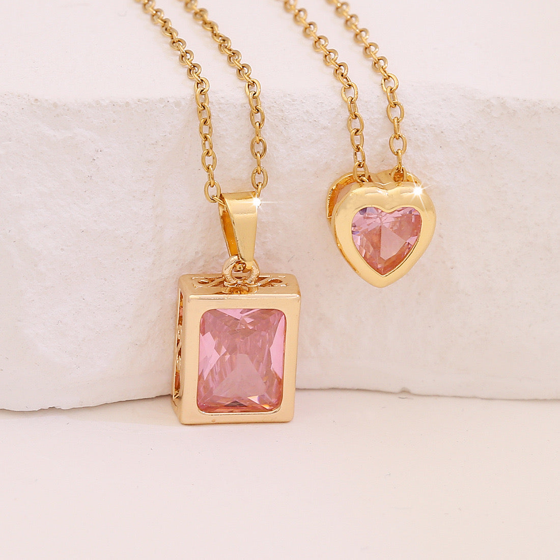 Pink Heart & Flower Zircon Pendant Necklace