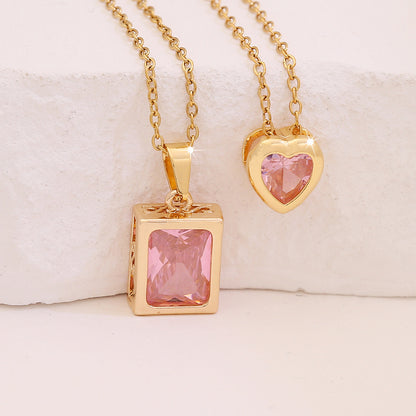 Pink Heart & Flower Zircon Pendant Necklace