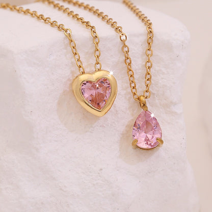 Pink Heart & Flower Zircon Pendant Necklace