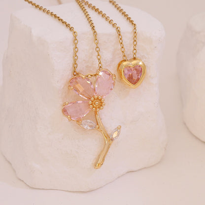 Pink Heart & Flower Zircon Pendant Necklace