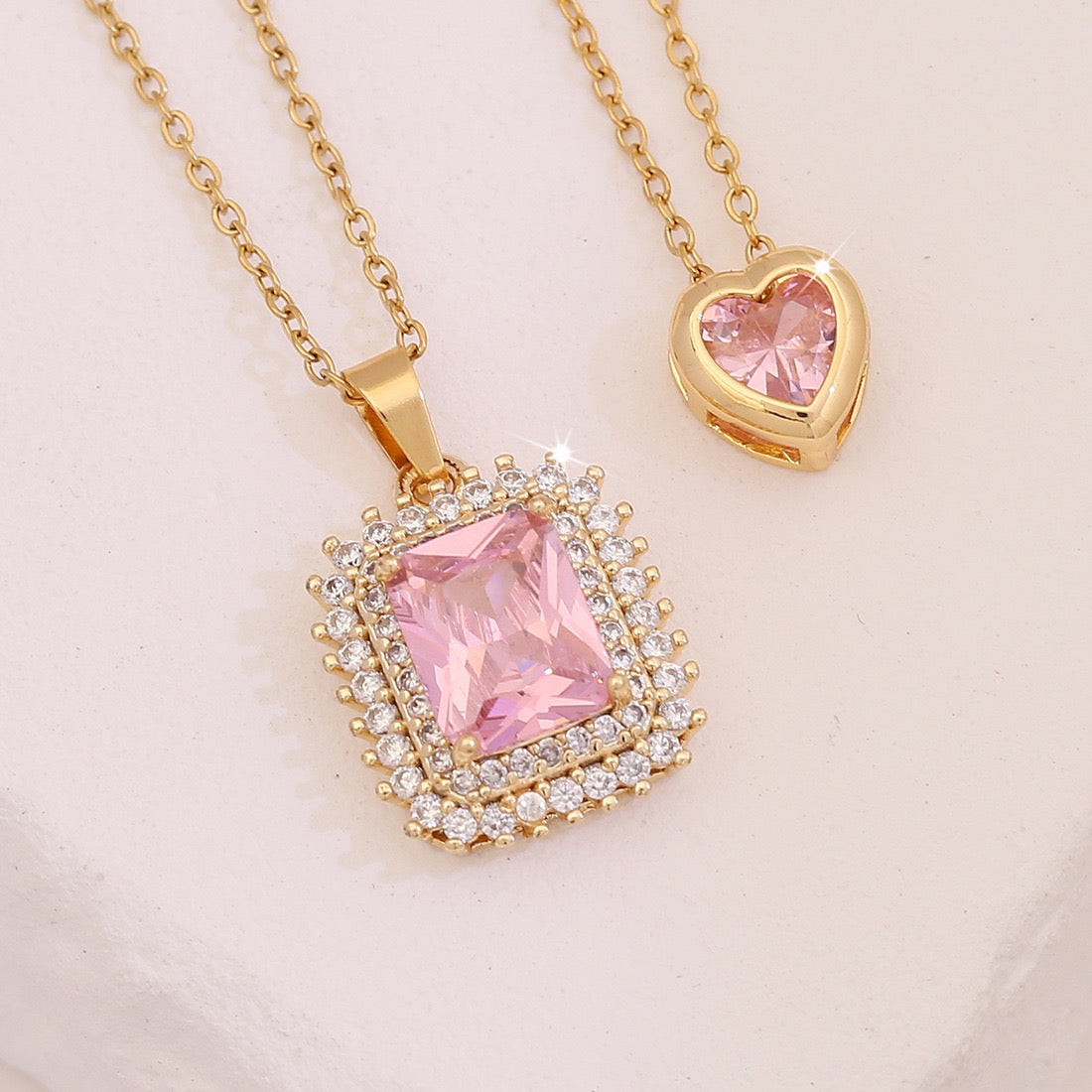 Pink Heart & Flower Zircon Pendant Necklace