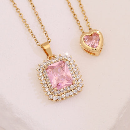 Pink Heart & Flower Zircon Pendant Necklace