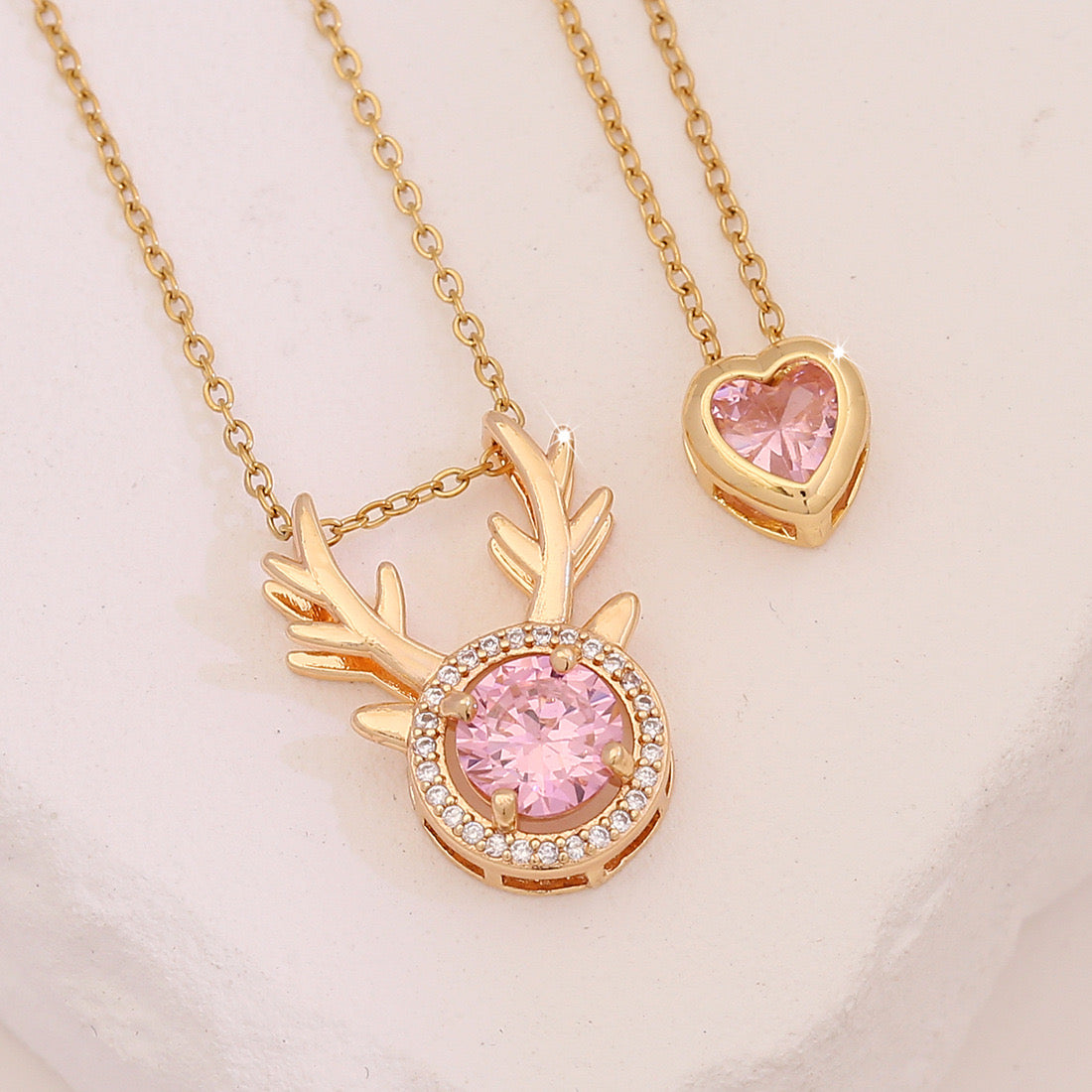 Pink Heart & Flower Zircon Pendant Necklace