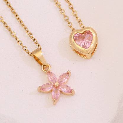 Pink Heart & Flower Zircon Pendant Necklace