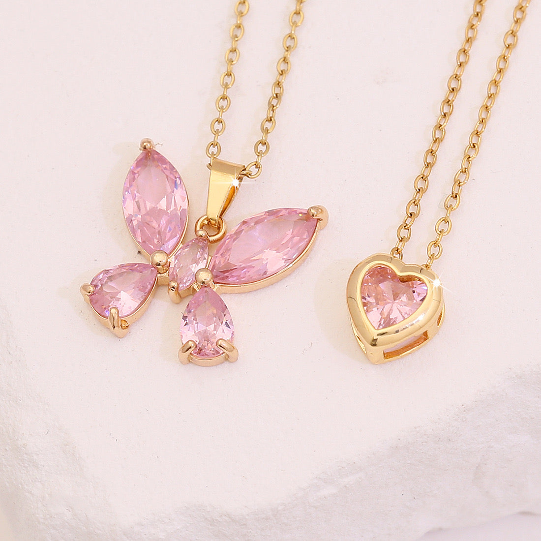 Pink Heart & Flower Zircon Pendant Necklace