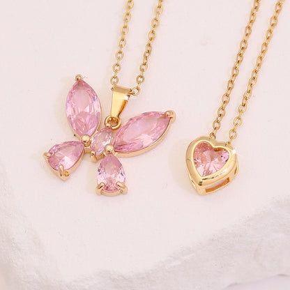 Pink Heart & Flower Zircon Pendant Necklace