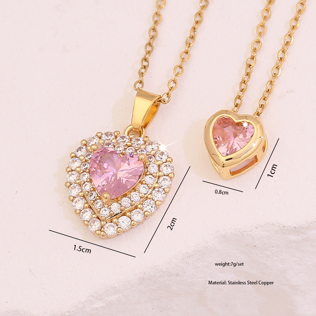 Pink Heart & Flower Zircon Pendant Necklace