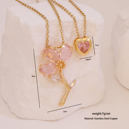 Pink Heart & Flower Zircon Pendant Necklace