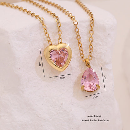 Pink Heart & Flower Zircon Pendant Necklace