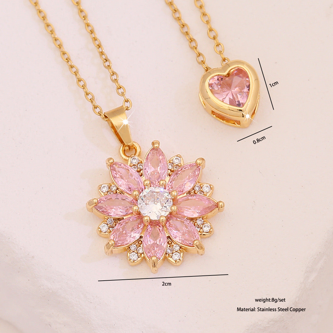 Pink Heart & Flower Zircon Pendant Necklace