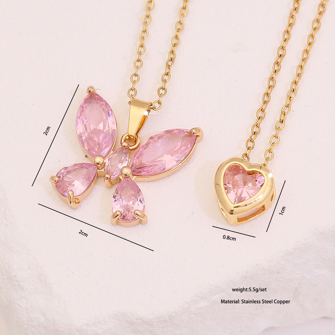 Pink Heart & Flower Zircon Pendant Necklace