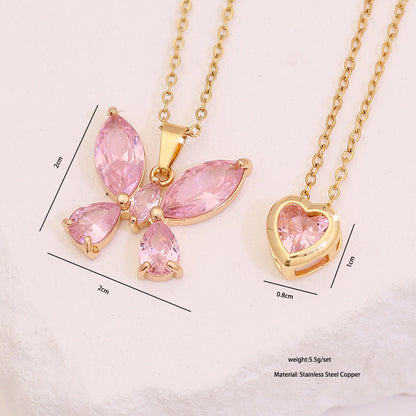 Pink Heart & Flower Zircon Pendant Necklace