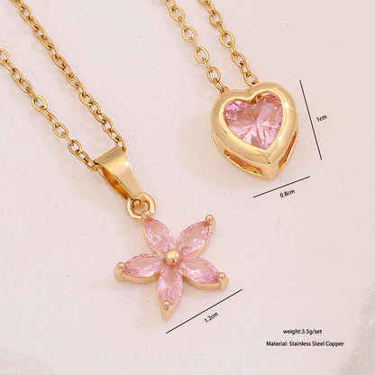 Pink Heart & Flower Zircon Pendant Necklace