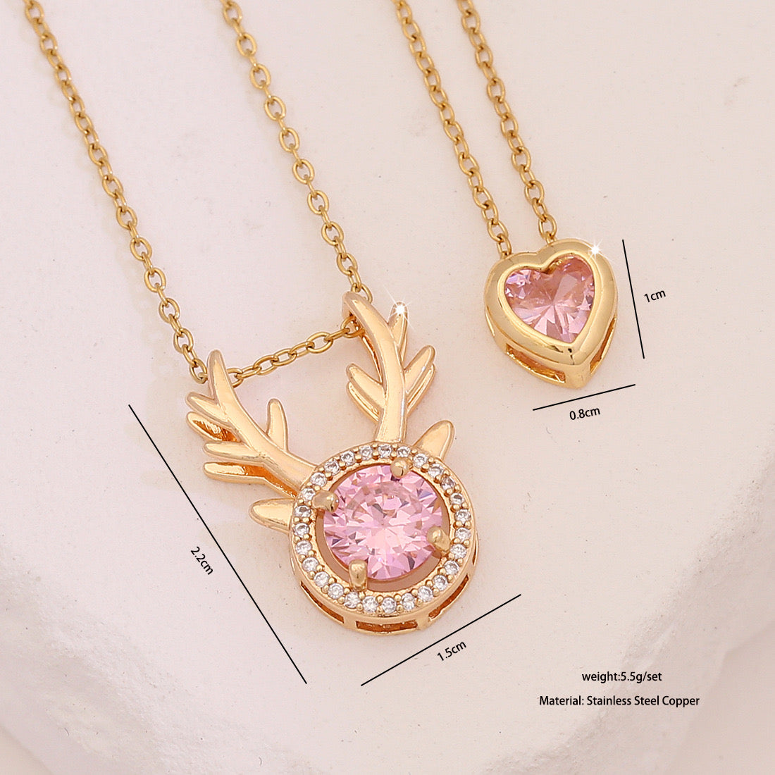 Pink Heart & Flower Zircon Pendant Necklace