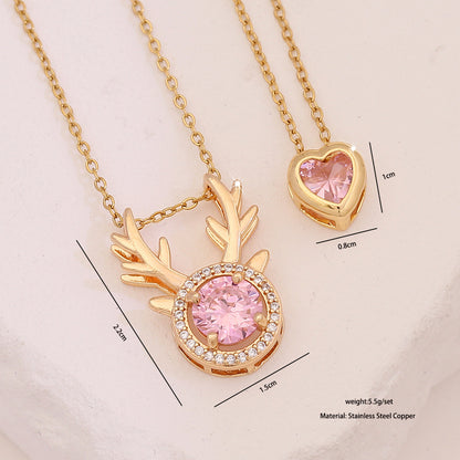 Pink Heart & Flower Zircon Pendant Necklace