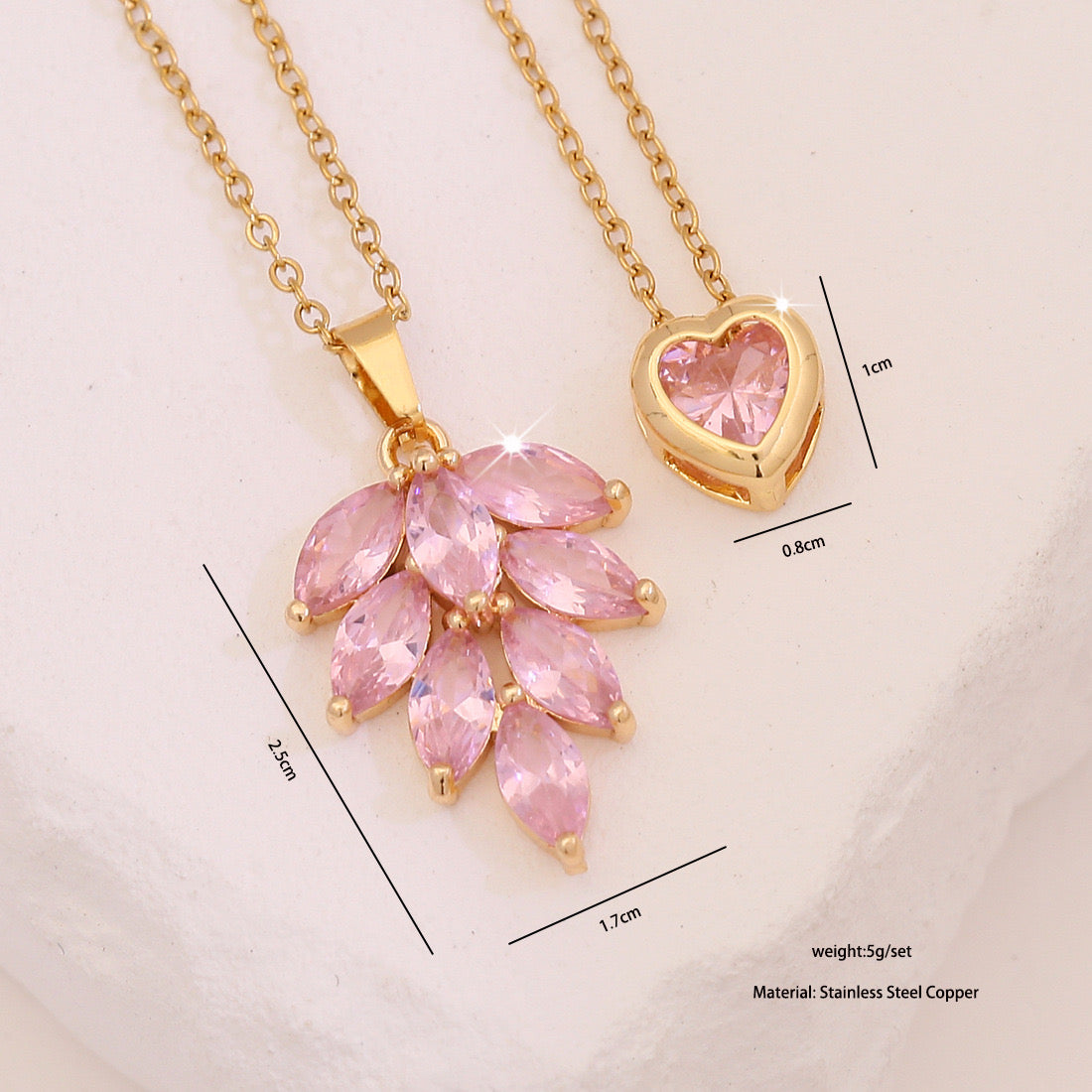 Pink Heart & Flower Zircon Pendant Necklace