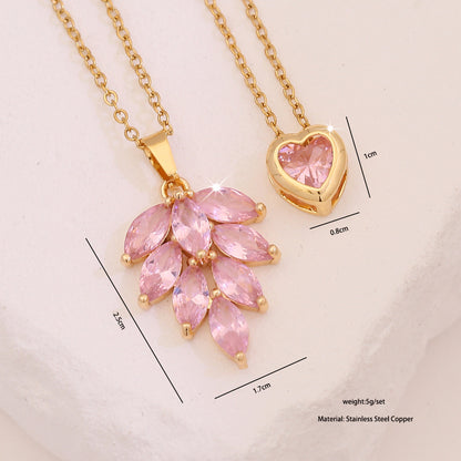 Pink Heart & Flower Zircon Pendant Necklace