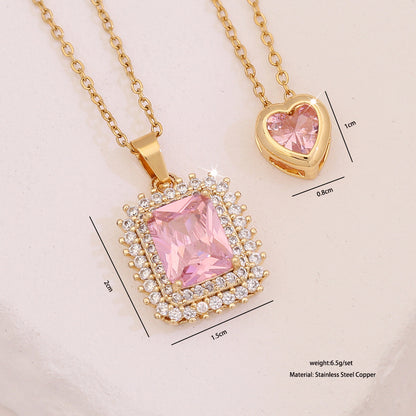 Pink Heart & Flower Zircon Pendant Necklace