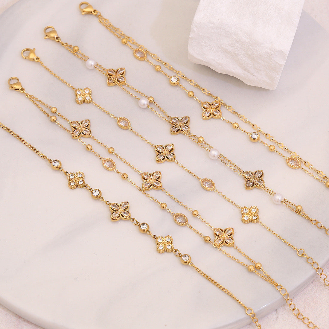 Rhinestone Flower Double Layer Bracelet