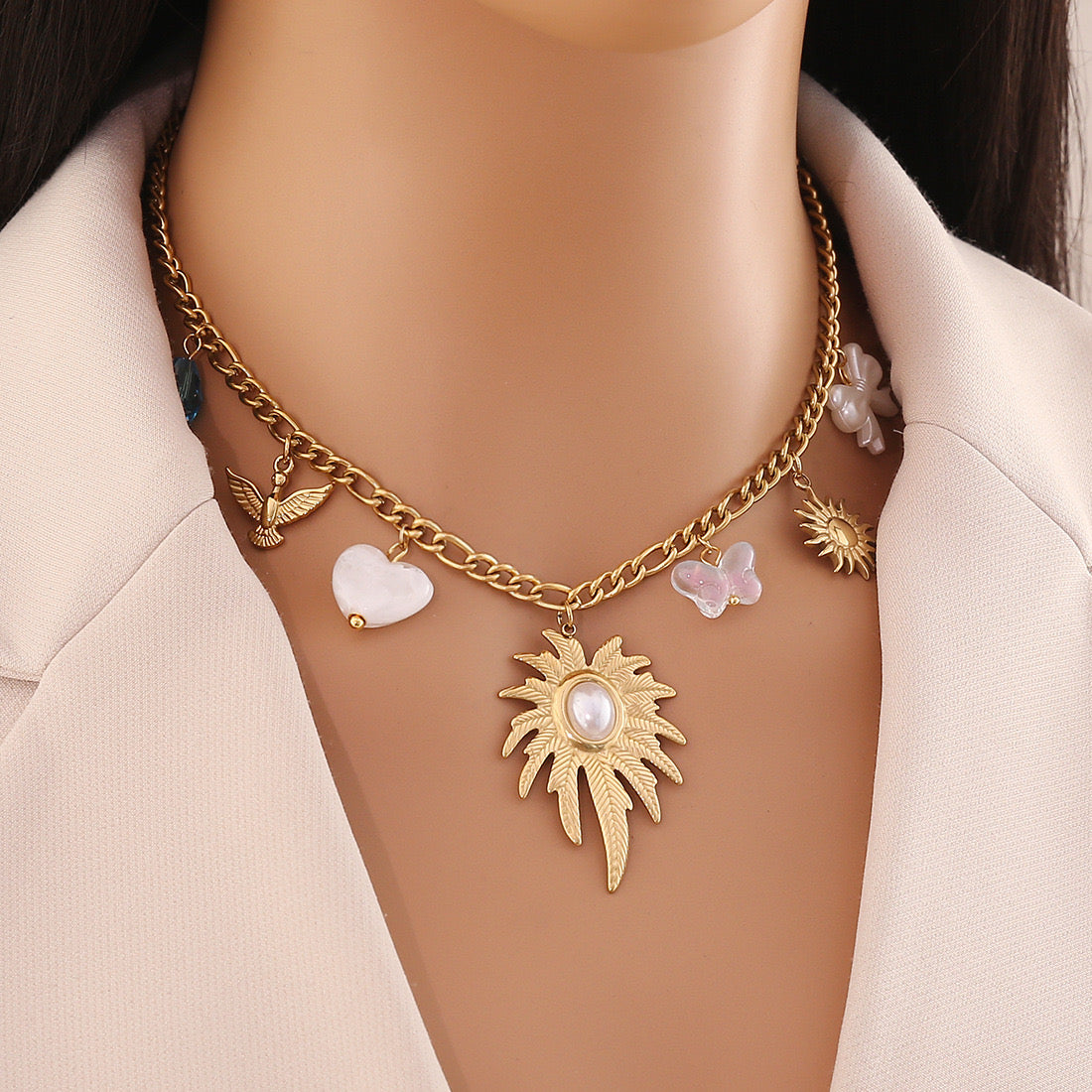 Leaf & Butterfly Faux Pearl Necklace