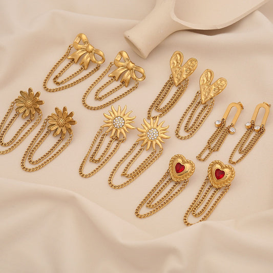 Bow Heart Flower Tassel Earrings