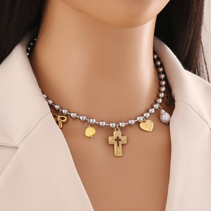 Dopamine Cross & Pearl Heart Necklace