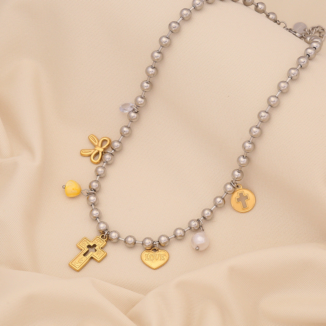 Dopamine Cross & Pearl Heart Necklace