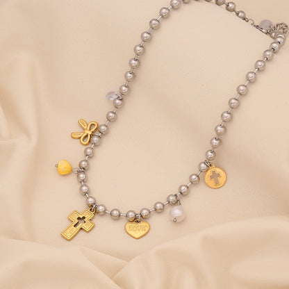 Dopamine Cross & Pearl Heart Necklace