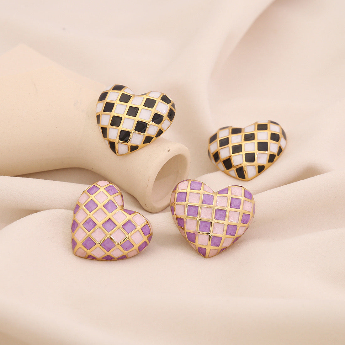 3D Heart Checkered Stud Earrings