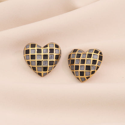 3D Heart Checkered Stud Earrings