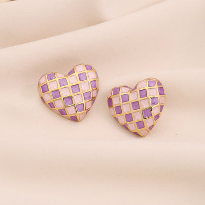 3D Heart Checkered Stud Earrings