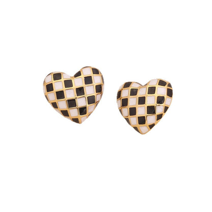 3D Heart Checkered Stud Earrings