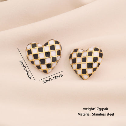 3D Heart Checkered Stud Earrings