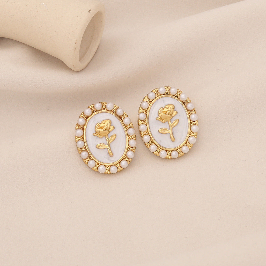 Vintage Pearl Rose Stud Earrings