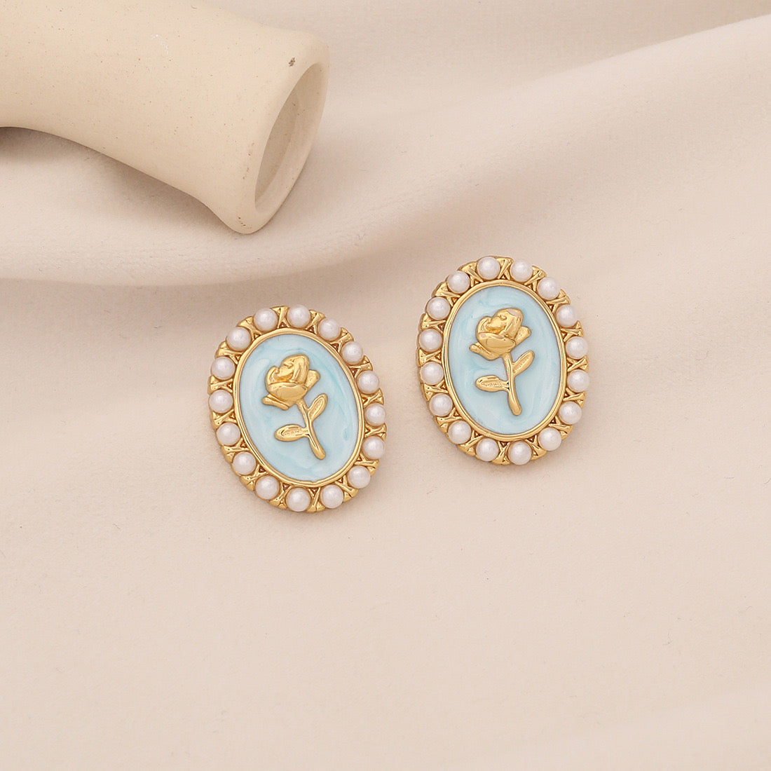 Vintage Pearl Rose Stud Earrings