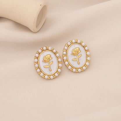 Vintage Pearl Rose Stud Earrings