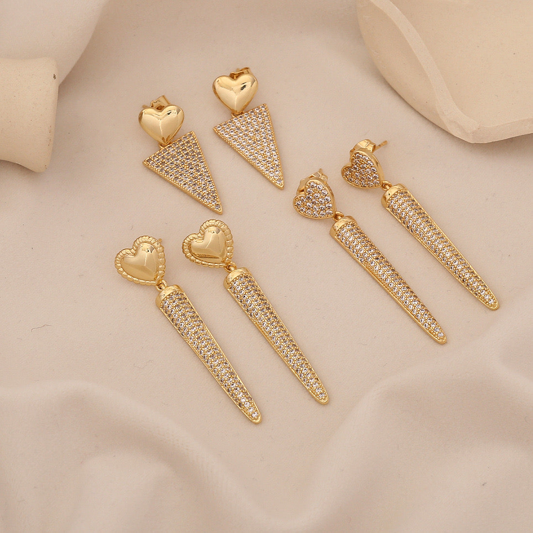 Geometric Zircon Triangle Heart Stud Earrings