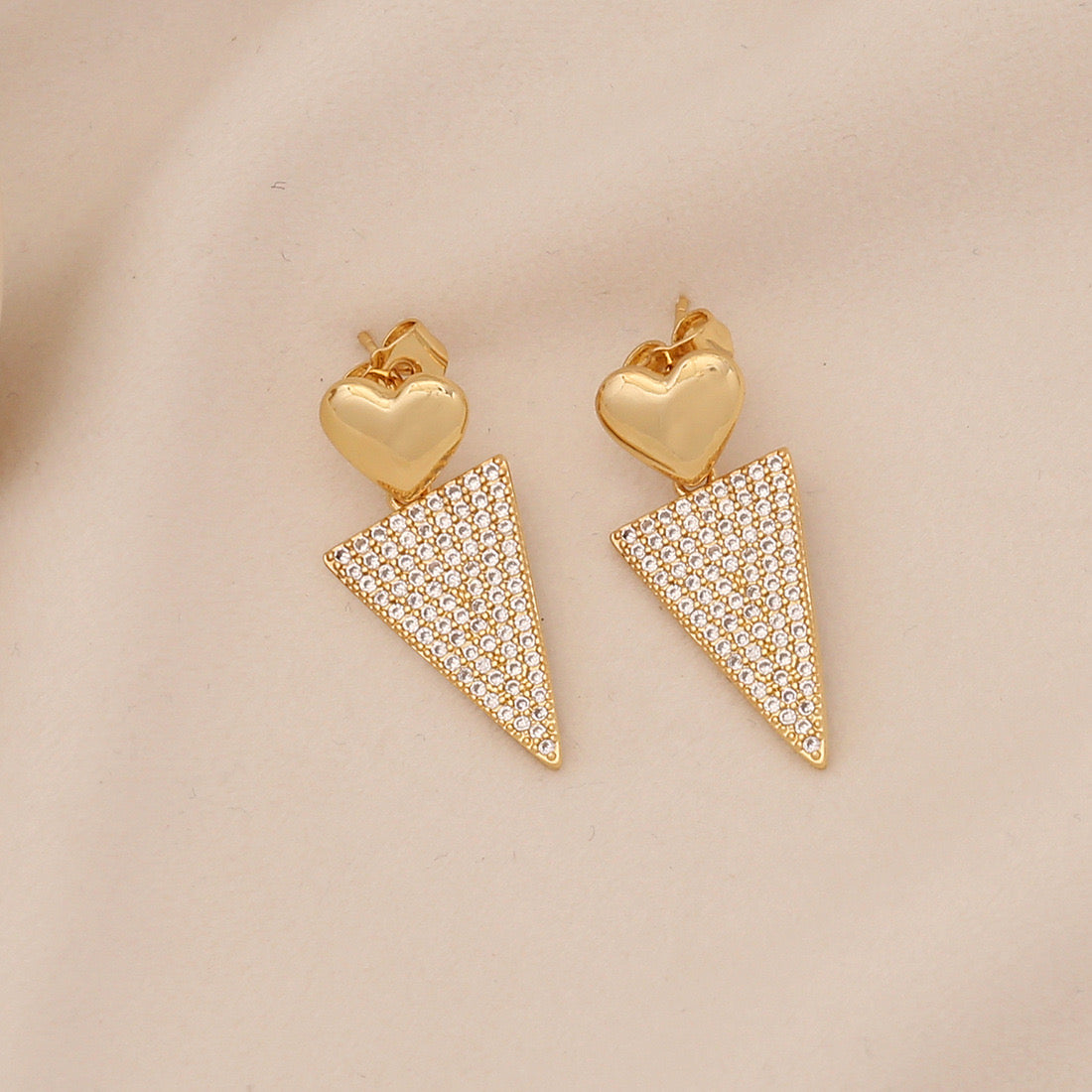 Geometric Zircon Triangle Heart Stud Earrings
