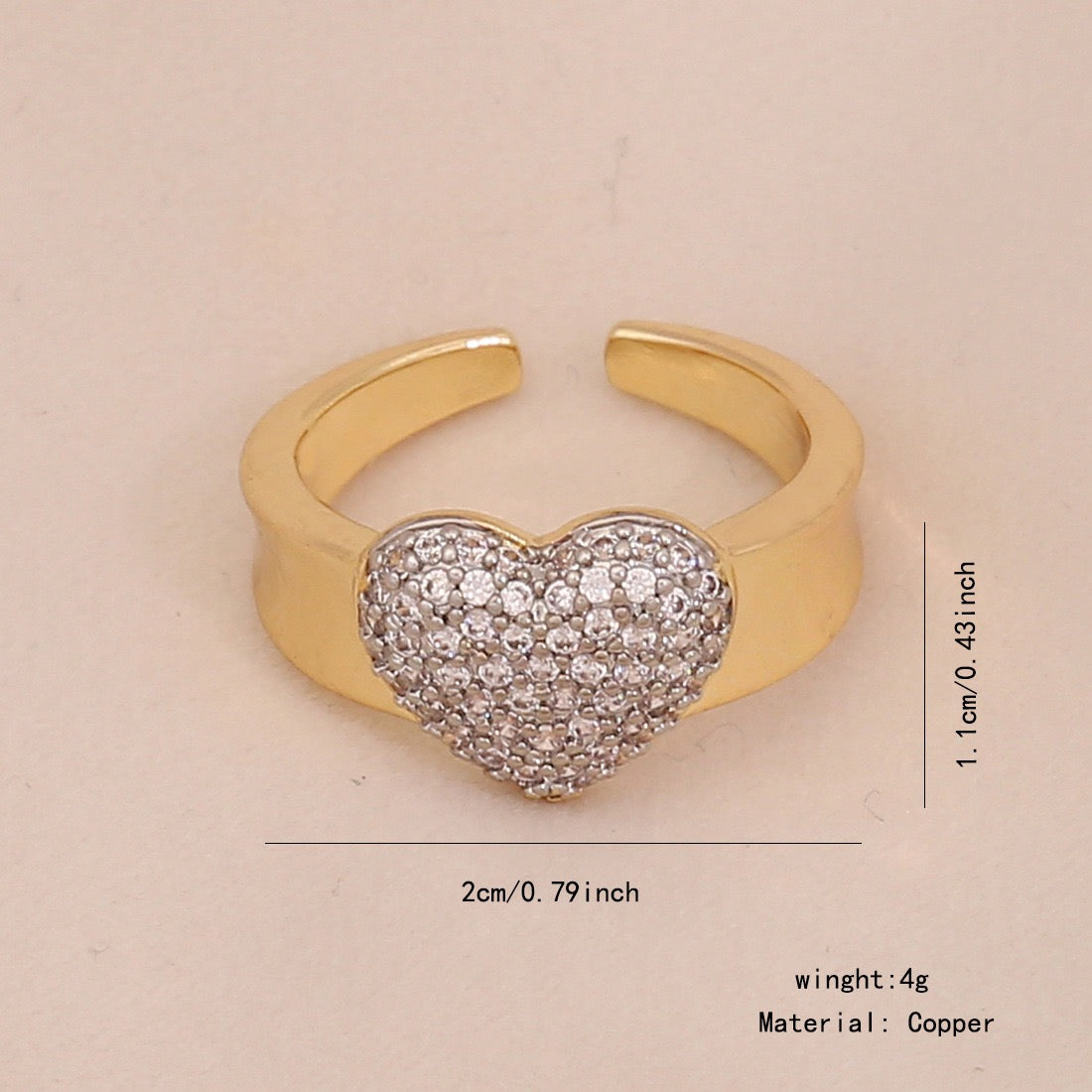 Two-Tone Heart Zircon Adjustable Ring