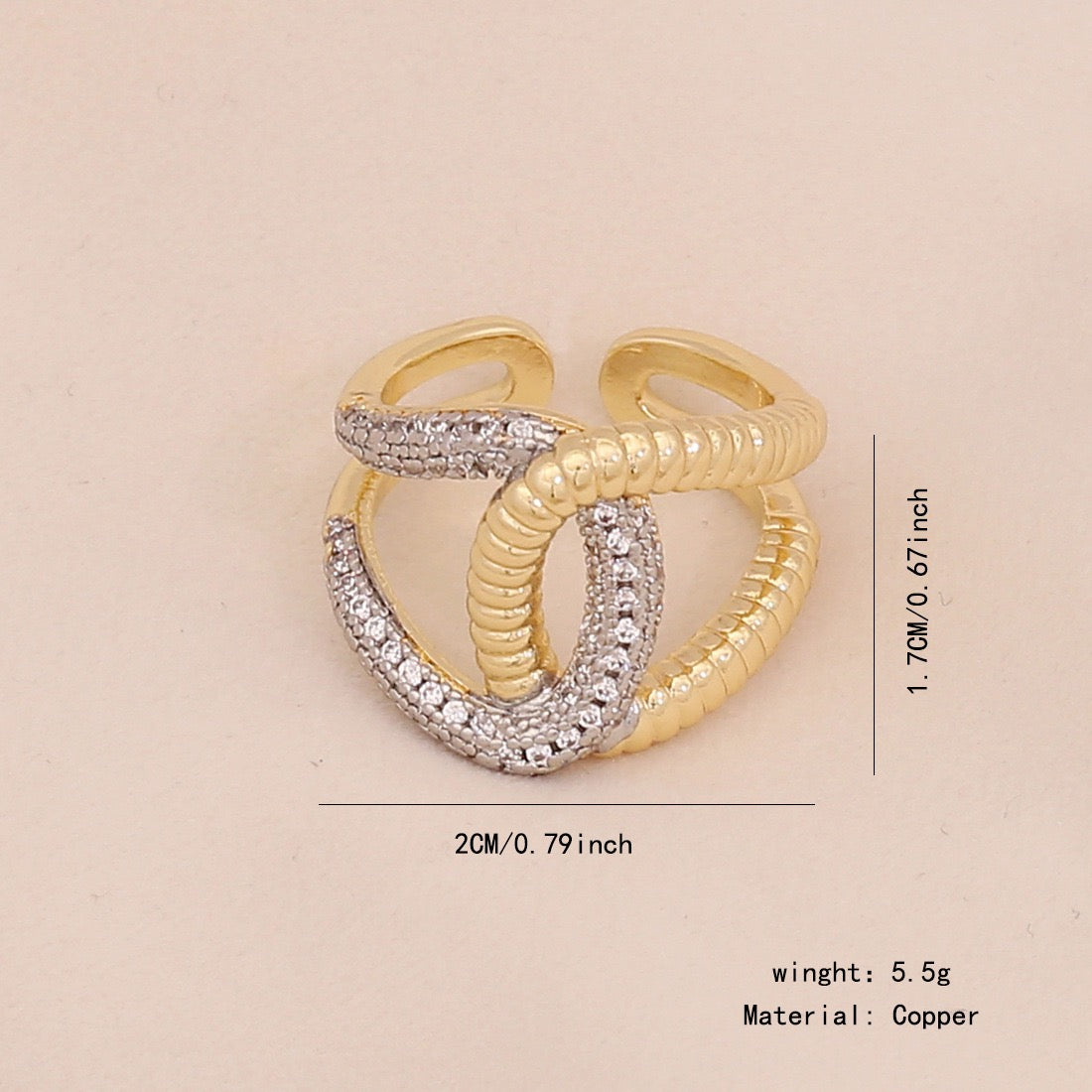 Two-Tone Heart Zircon Adjustable Ring