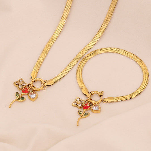 Enamel Rose Heart Stainless Steel Necklace