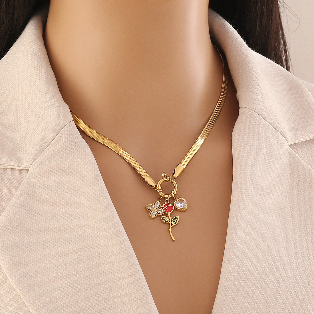 Enamel Rose Heart Stainless Steel Necklace